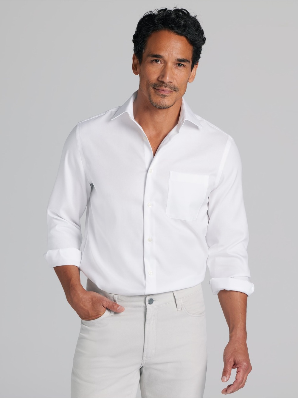 Hugo Boss mens 17.5 32/33 classic fit solid white 2-ply dress shirt EUC